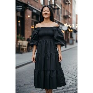 THML Black Puff Sleeve Tiered Midi Dress Ruffle Off‎ Shoulder Party